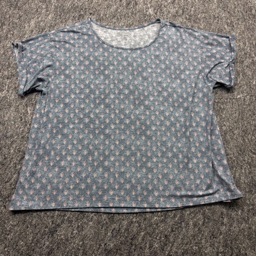 LL Bean Womens 3X Plus Blue Floral Leaf Tencel Blend Short Sleeve Top 526493